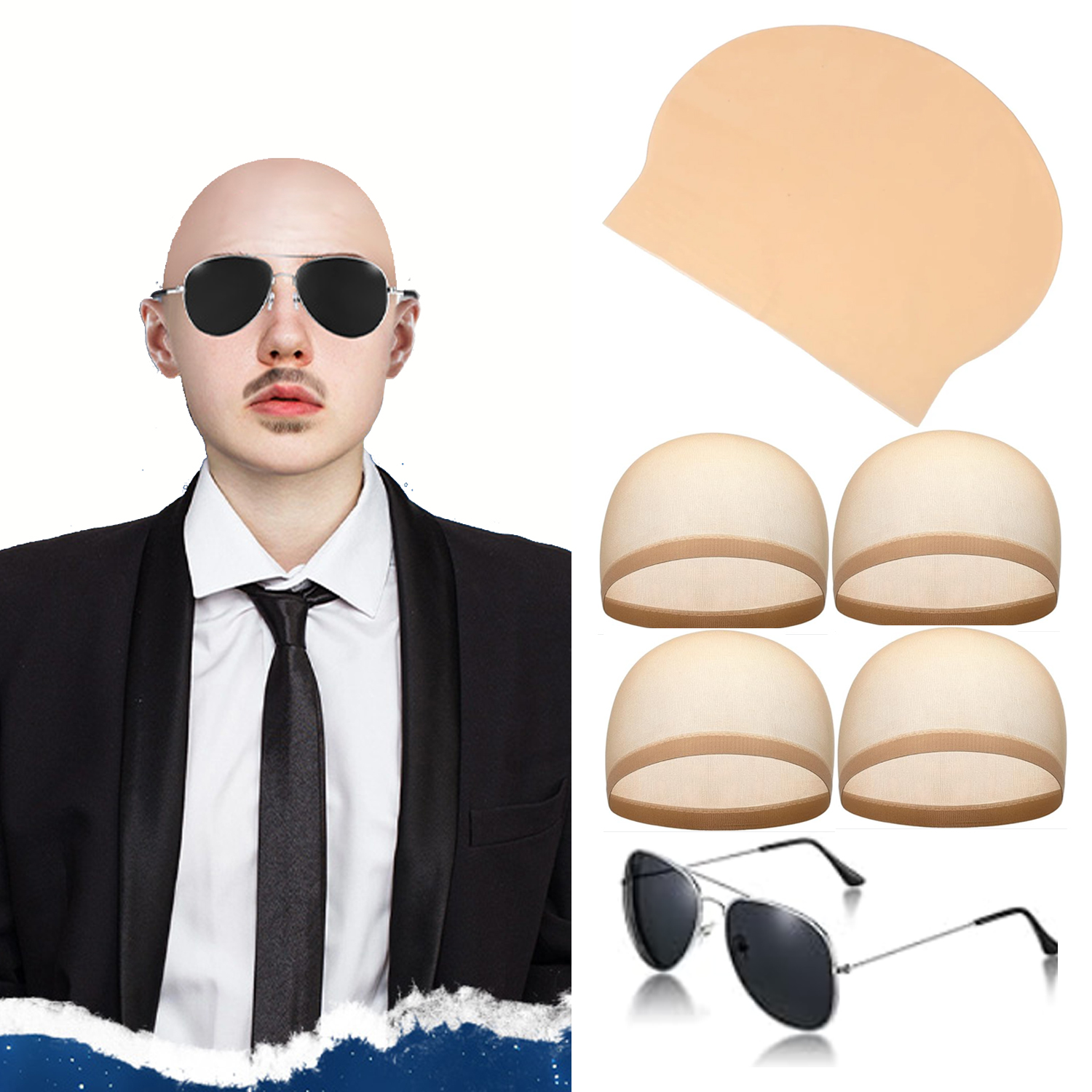 6pcs Bald Caps with Glasses Ba - Men Accessories Combo Gift のレビューと価格
